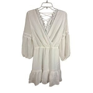 Flying Tomato Mini Dress‎ Lace Trim Surplice Bodice Small White Lace Up Backic